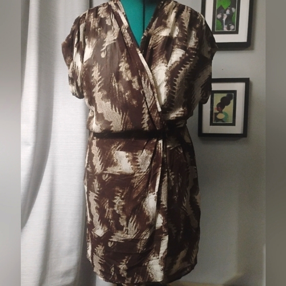 W118 by Walter Baker Abstract Print Faux Wrap Dress Size L in Brown & Cream - Picture 3 of 14